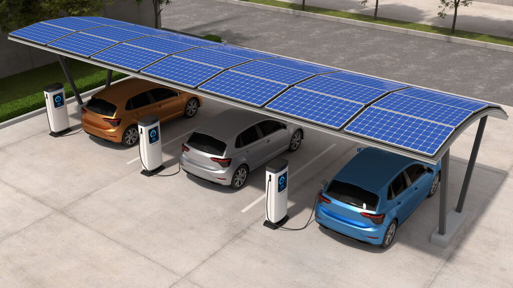 3 vehicles charging with solar panels