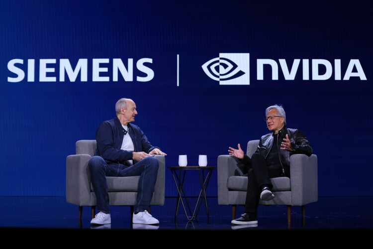 Roland Busch and Jensen Huang talking at the Siemens and Nvidia press conference- CES 2026