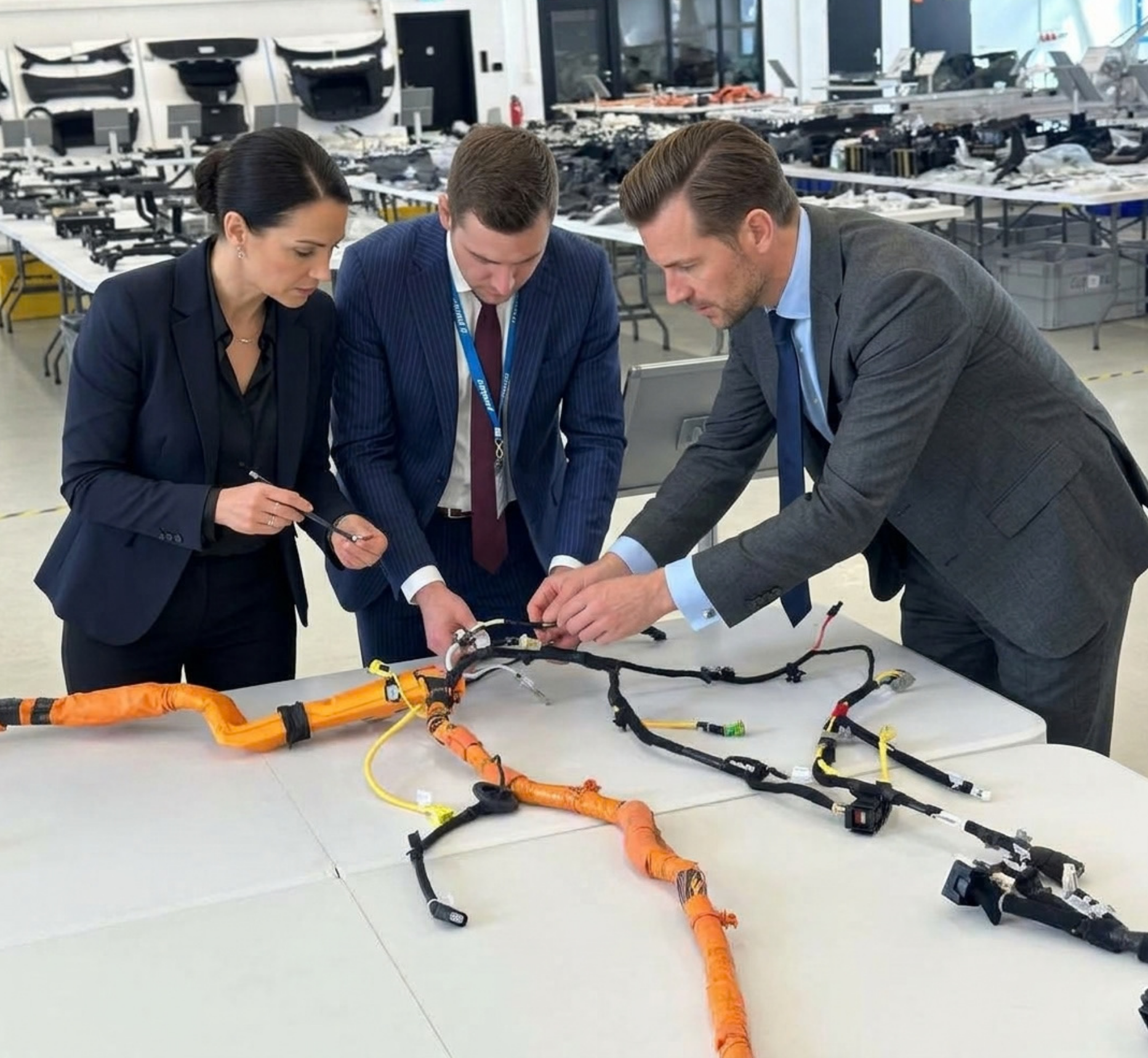 Three professionals examine an automotive wiring harness laid out on a table in a vehicle teardown facility, with rows of disassembled car components visible in the background.