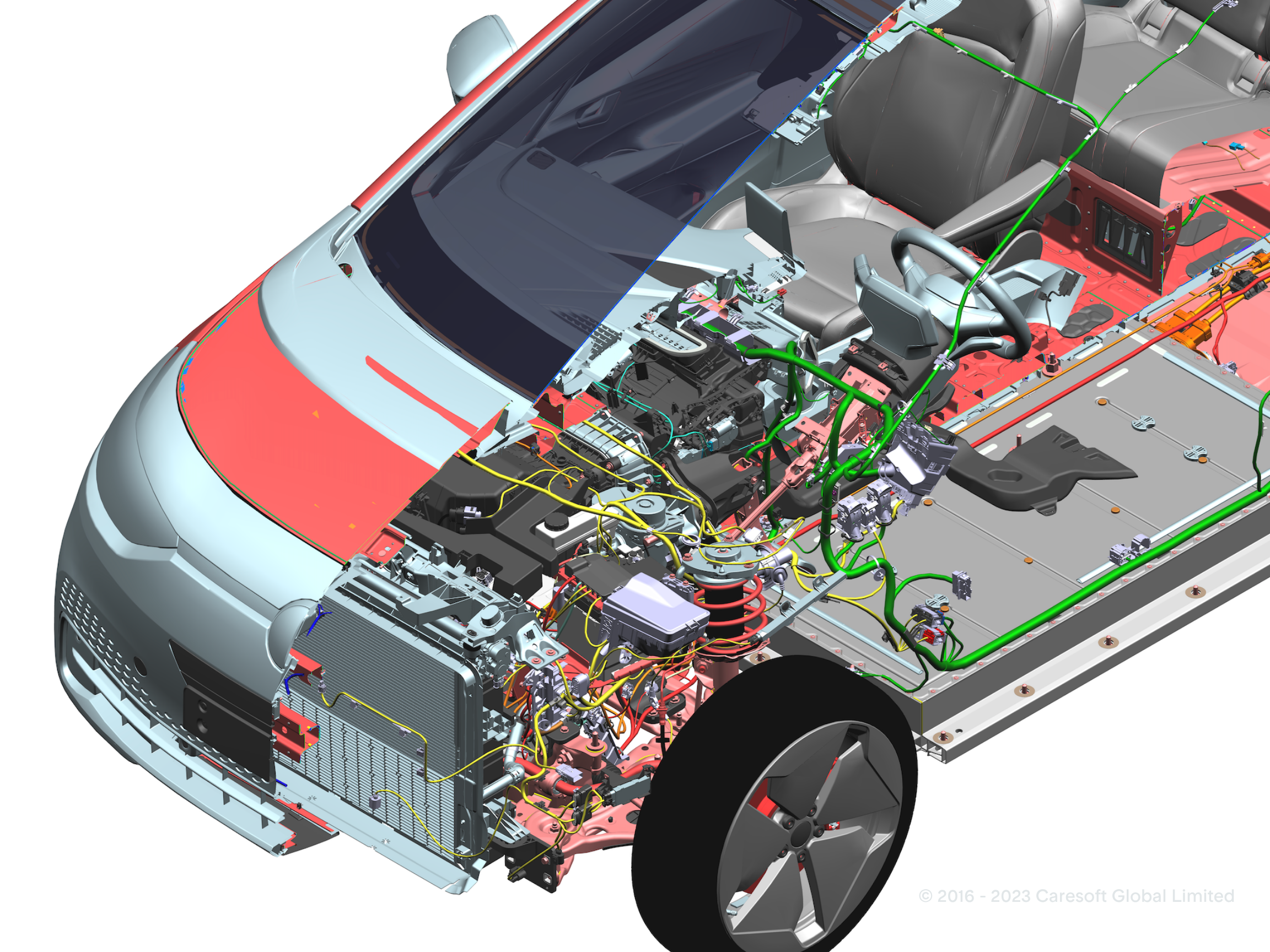 A detailed 3D cutaway rendering of an electric car showing its internal components, including the battery pack, wiring, electronics, cooling system, suspension, steering, and front drivetrain beneath the body and interior.