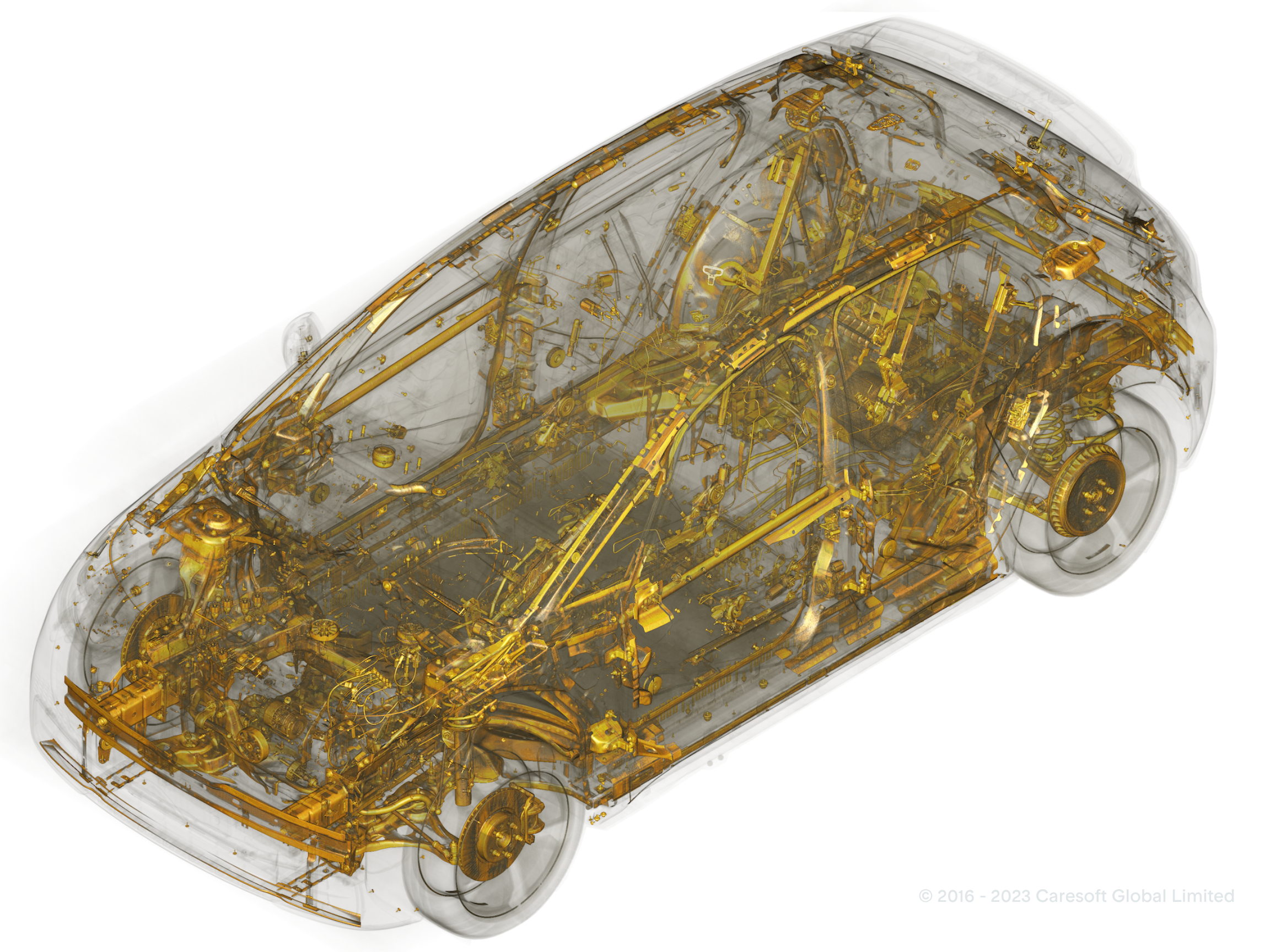 A translucent 3D rendering of a car reveals its internal structure, including the chassis, suspension, drivetrain, wiring, mechanical components, and other systems highlighted in gold.