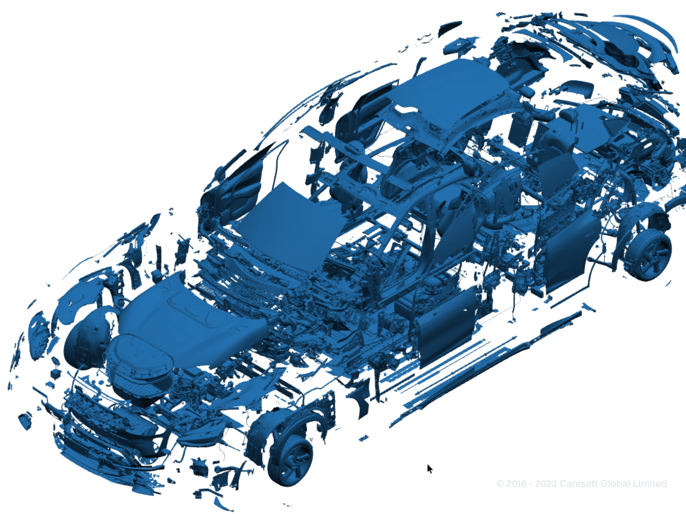 A blue monochrome 3D visualization of a car shown in an exploded view, with the body, interior, mechanical systems, wheels, and numerous individual components separated and suspended around the vehicle structure on a white background.