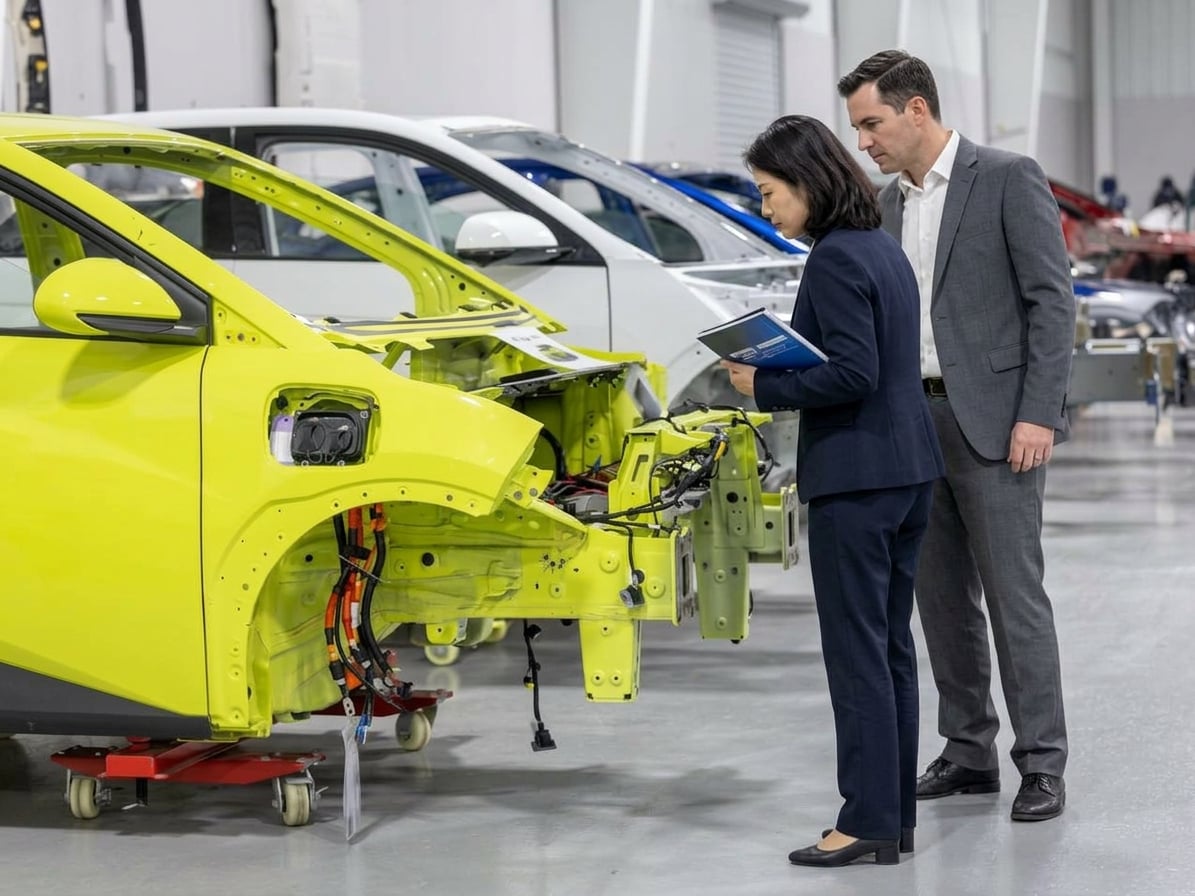 Two professionals inspect a partially assembled lime-green car in an automotive facility, with exposed wiring and structural components visible. Several unfinished vehicle bodies are lined up in the background.