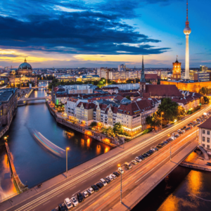 View of Berlin skyline at dusk.