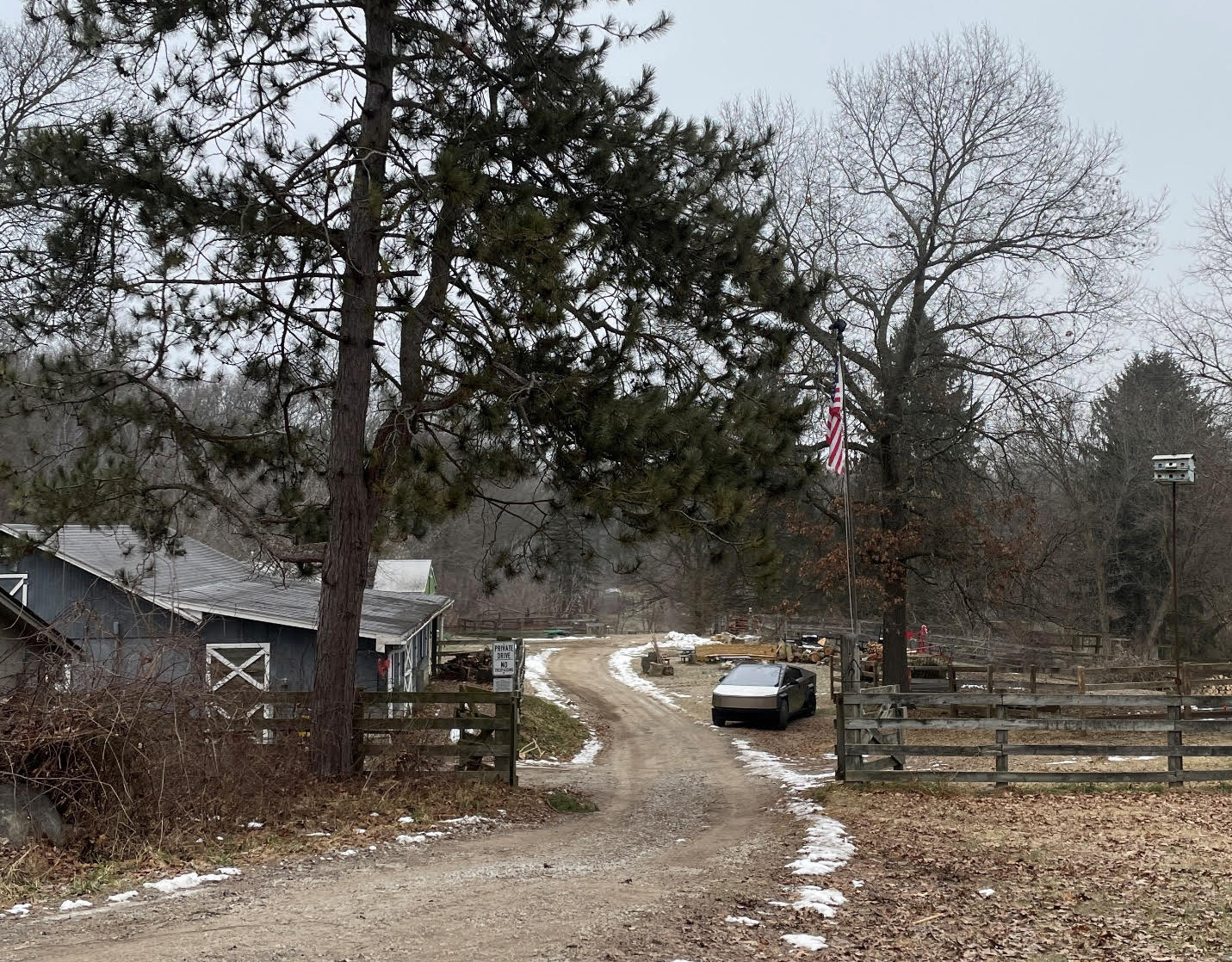 View of the Tesla Cybertruck on a ranch.