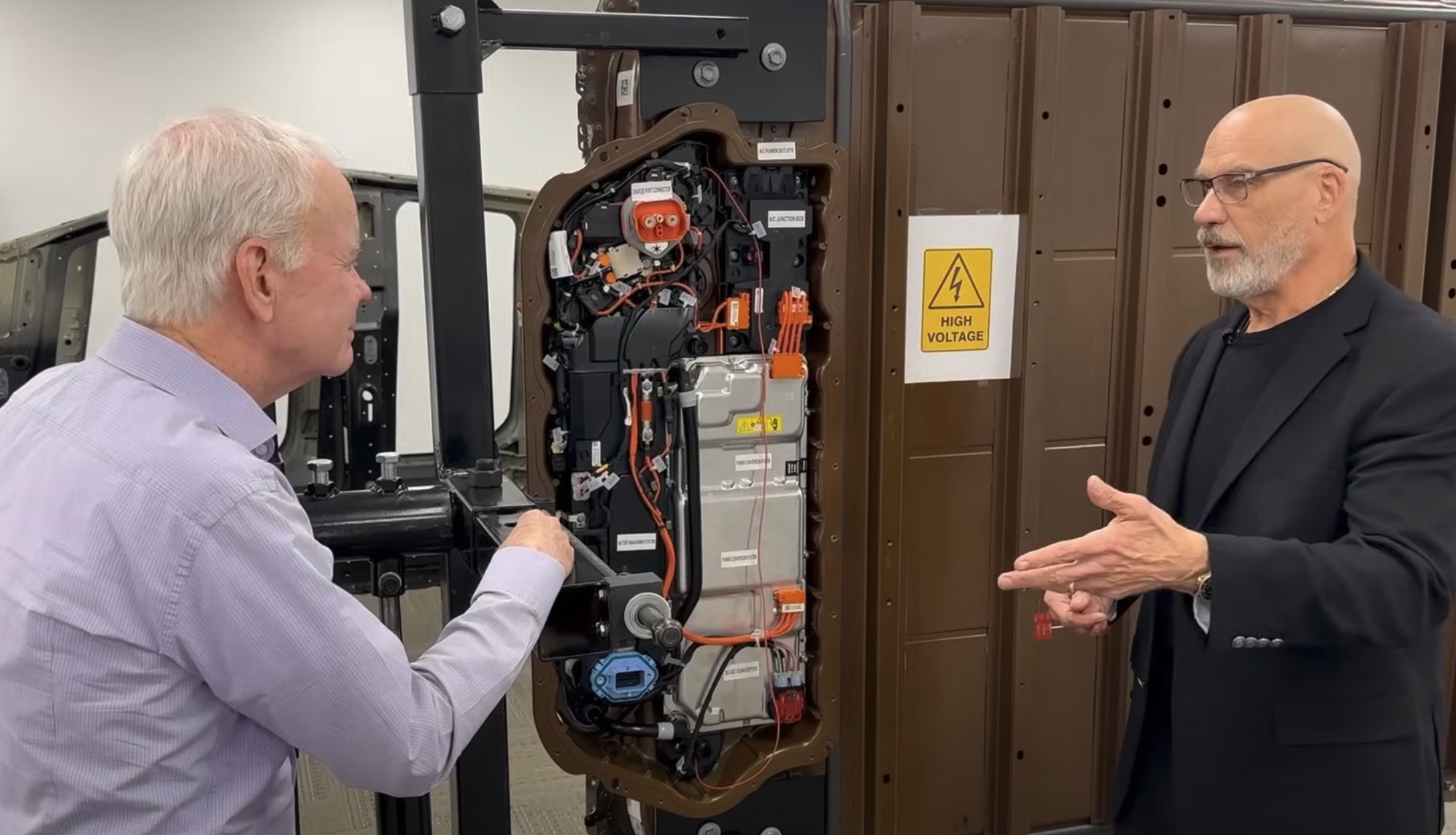 Terry Woychowski and John McElroy talk through the Tesla Cybertruck battery pack.